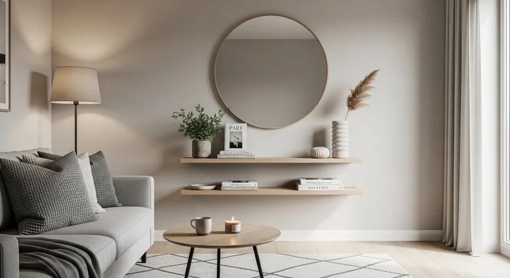 mirror shelf small apartment living room wall decor ideas