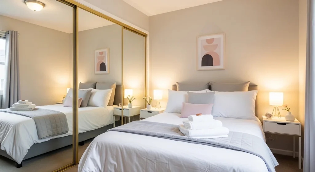 mirror closet door small apartment bedroom idea
