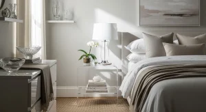  small apartment bedroom with acrylic nightstand and airy decor 