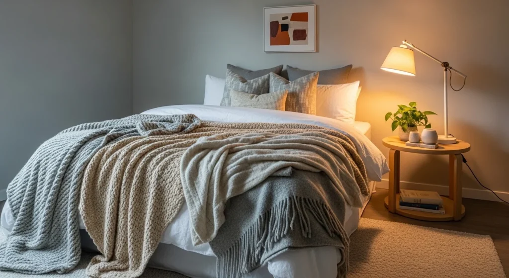  layered blanket bedding small apartment bedroom
