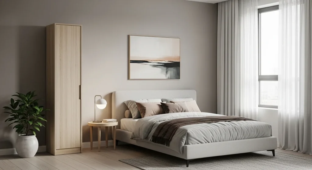 tall storage cabinet in small apartment bedroom
