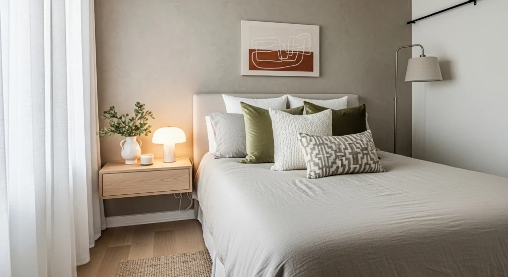  decorative cushion neutral bedding small apartment bedroom
