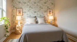  small bedroom with subtle botanical wallpaper accent wall 