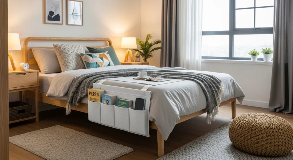 bedside caddy organizer in small apartment bedroom
