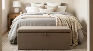  small apartment bedroom with storage ottoman bench 