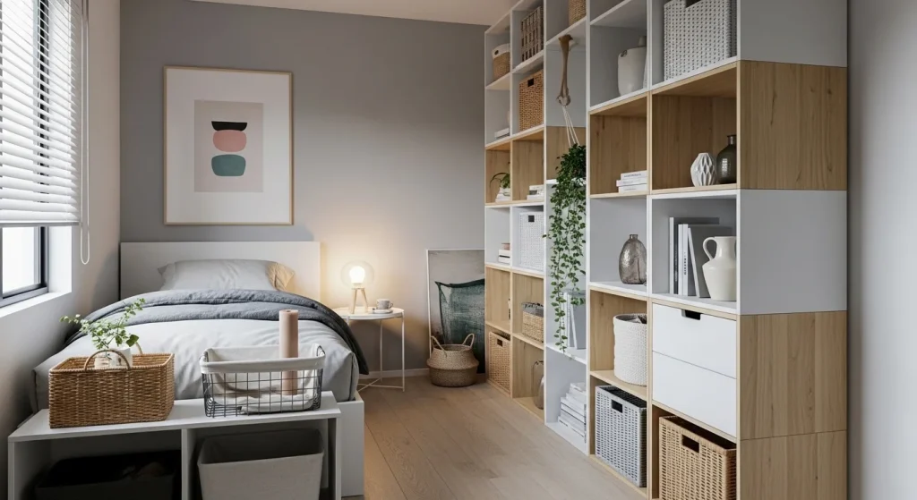 modular cube storage system in small apartment bedroom
