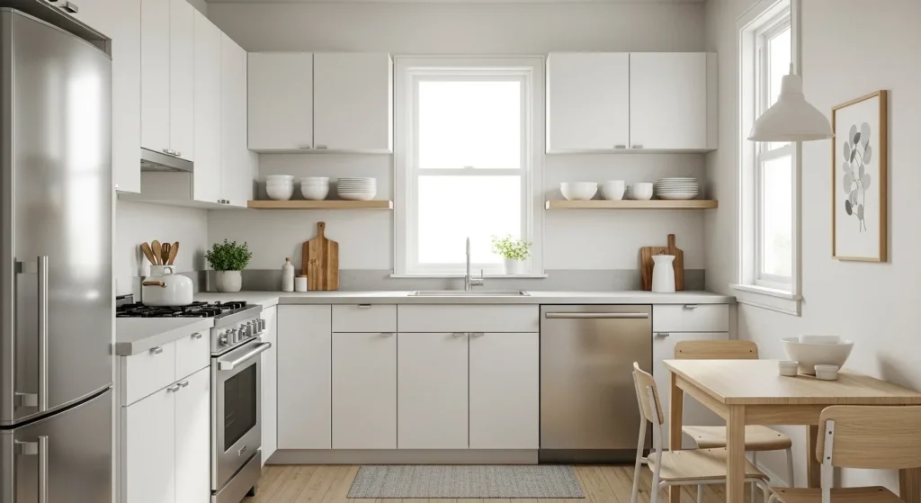 Light color small kitchen making space look bigger