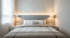  small bedroom with wall mounted headboard for space saving design