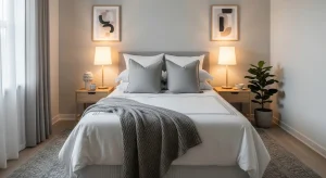  small apartment bedroom with symmetrical bedside styling 