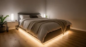  small apartment bedroom with soft under bed LED lighting 