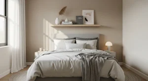  small bedroom with minimal floating shelf above bed