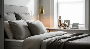  small apartment bedroom with light reflective decor accents