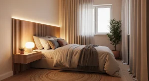 cozy small bedroom with textured accent wall behind bed
