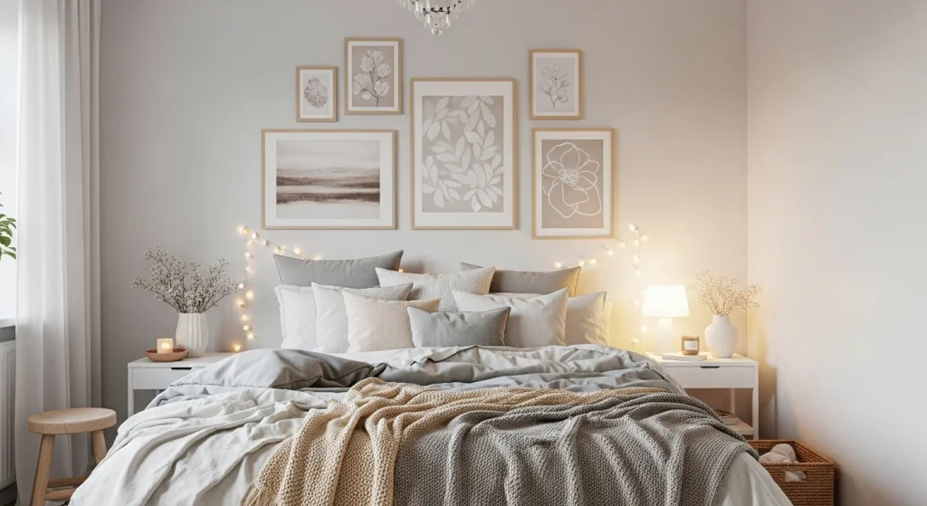 gallery wall styling in small apartment bedroom for women