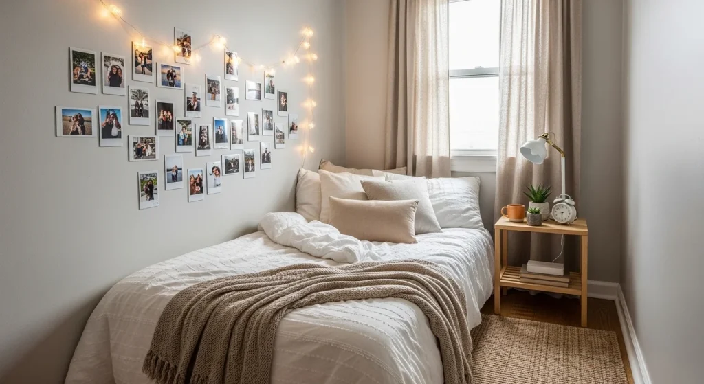polaroid wall aesthetic small apartment bedroom idea
