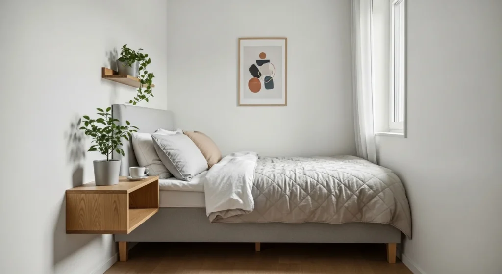Scandinavian bedroom with floating nightstand and minimalist decor
