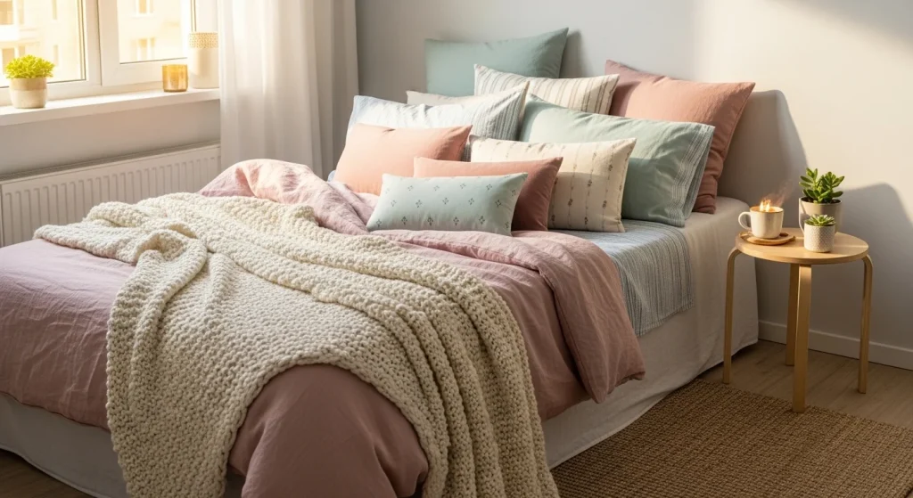 small bedroom with layered pastel pillows
