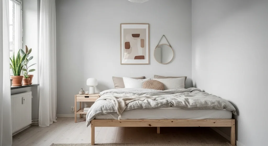 Scandinavian wood furniture in minimalist bedroom