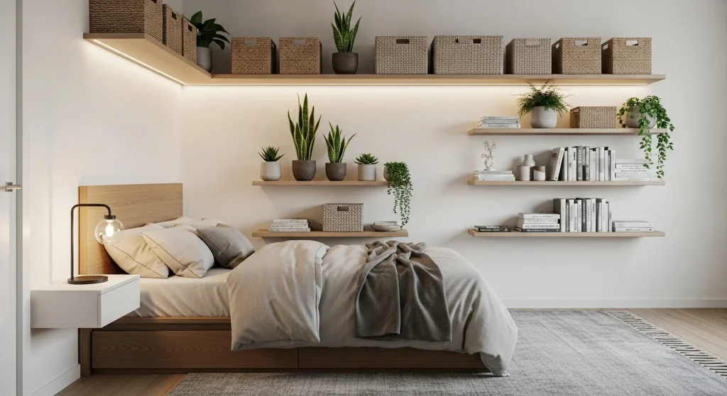 Vertical wall shelves above bed with books plants and baskets for smart small bedroom storage