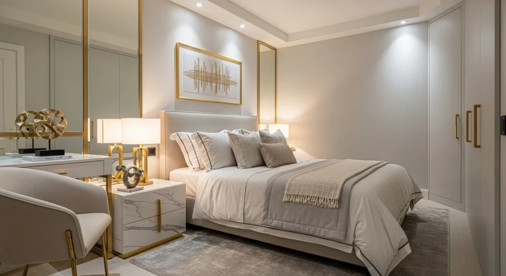 small bedroom with gold decor accents

