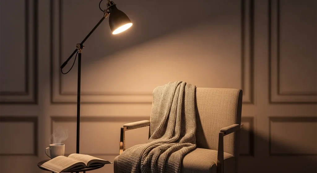 chair lamp small bedroom reading nook
