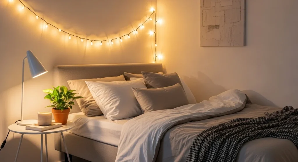 warm LED lighting corner bedroom fairy light ideas