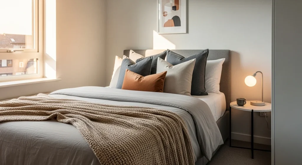  textured blanket styling on small apartment bed
