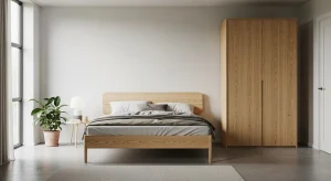 light oak minimalist small apartment bedroom
