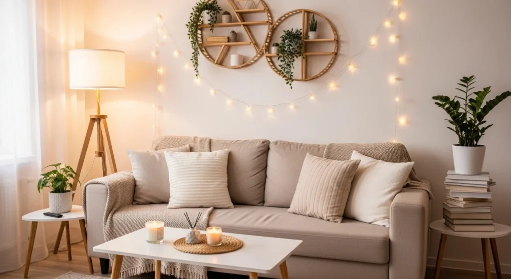 neutral palette cozy small apartment living room