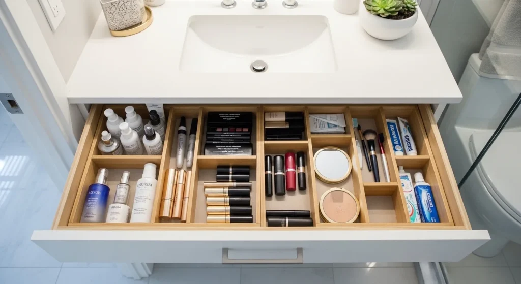 vanity drawer small apartment bathroom storage ideas
