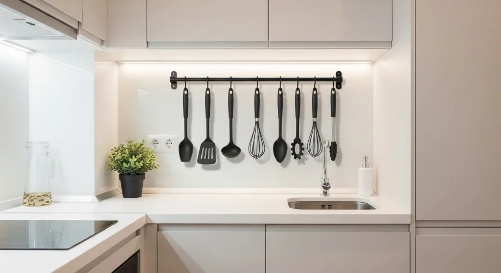 hanging utensil rack small apartment kitchen organization ideas