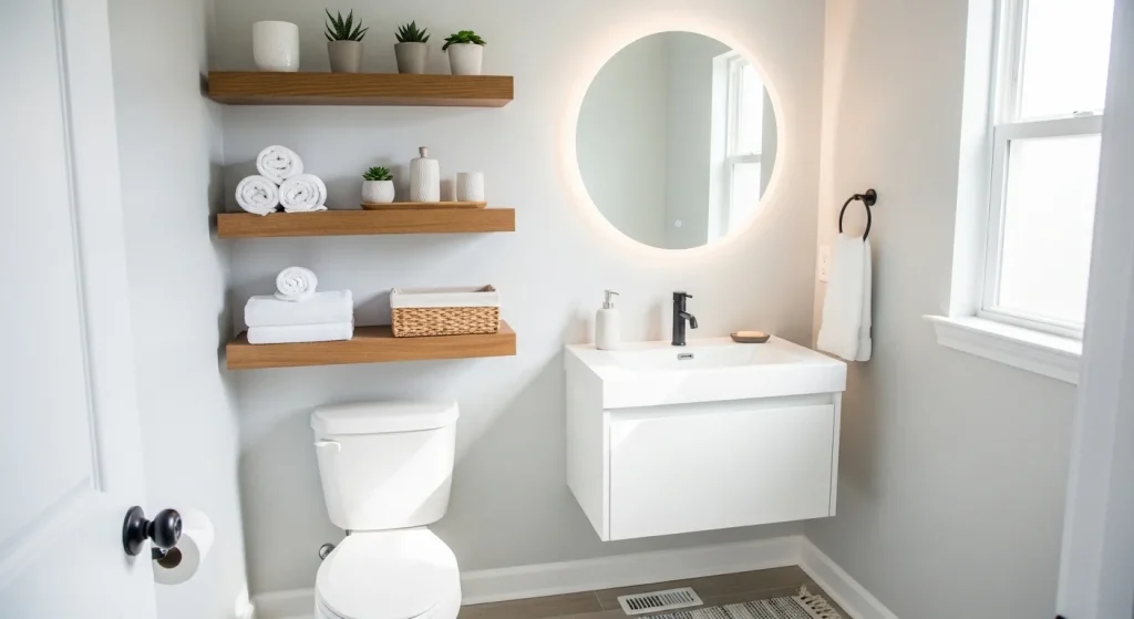  wooden shelves small apartment bathroom shelf ideas
