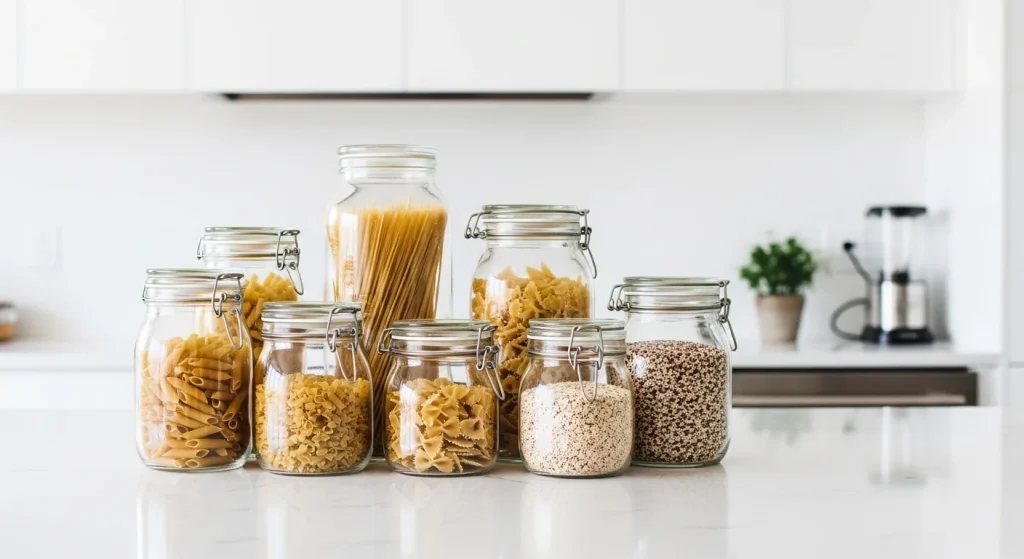 glass jars small apartment kitchen counter decor ideas
