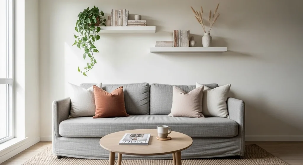 floating shelves small apartment living room wall decor ideas