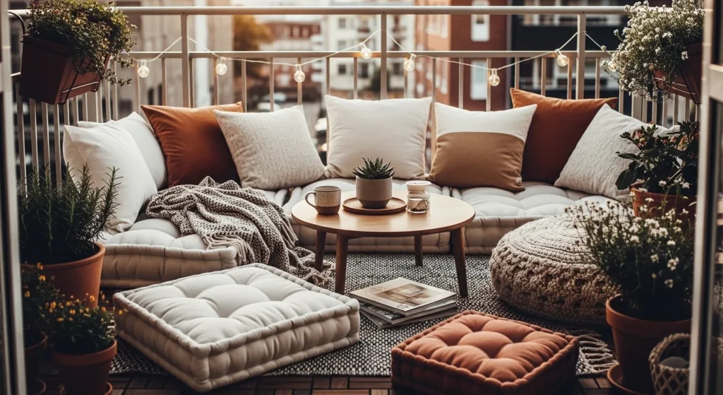 floor cushions small apartment balcony seating ideas
