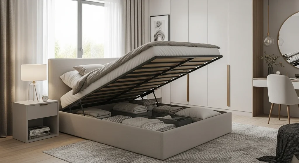 lift up bed storage solution in small apartment bedroom