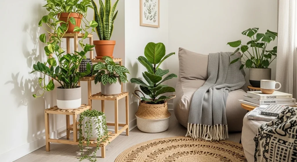 corner plant stand small apartment plant decor ideas

