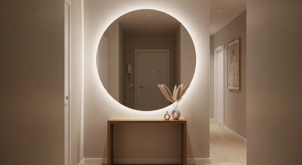 oversized mirror in small entryway creating depth and brightness in compact space
