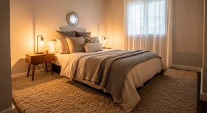 small apartment bedroom with plush warm area rug
