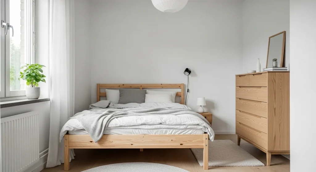 Scandinavian small bedroom with pale wood furniture and minimal decor