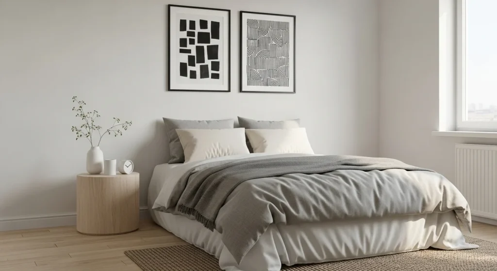 simple wall art in minimalist small bedroom