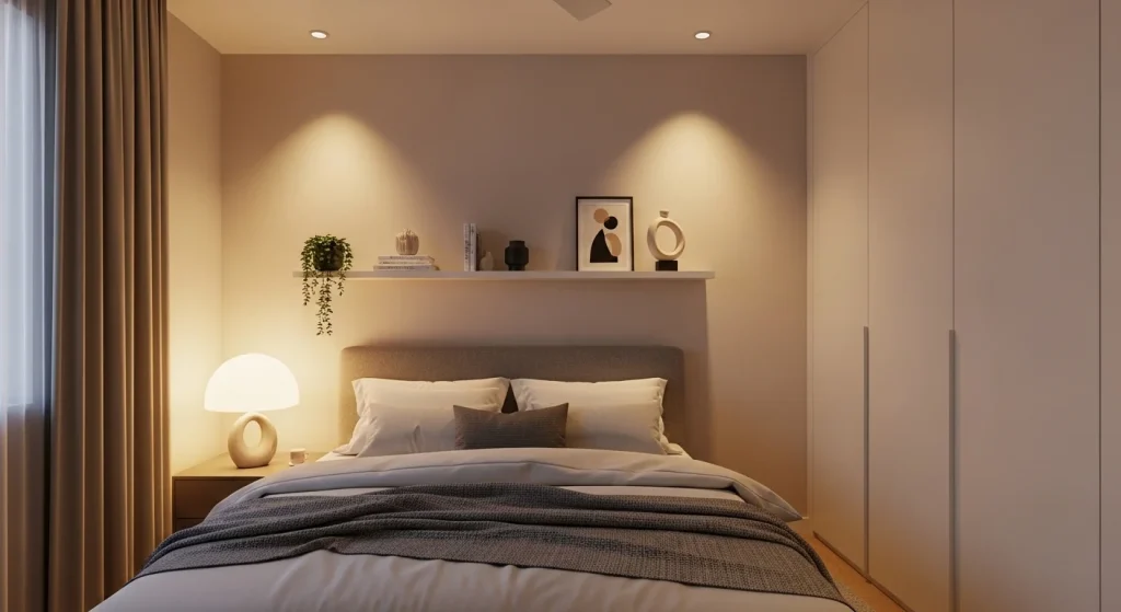 Elegant upholstered storage bench at end of bed in stylish small apartment bedroom