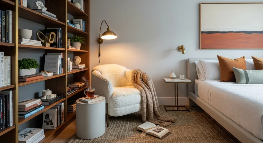 bookshelf small bedroom reading nook