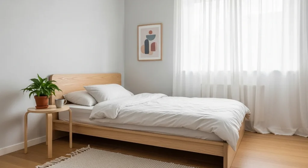 Scandinavian minimal bedding in small bedroom
