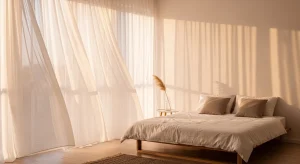 minimalist small apartment bedroom with sheer curtains
