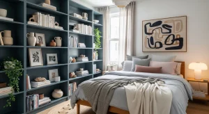  small apartment bedroom with seamless built in style shelving