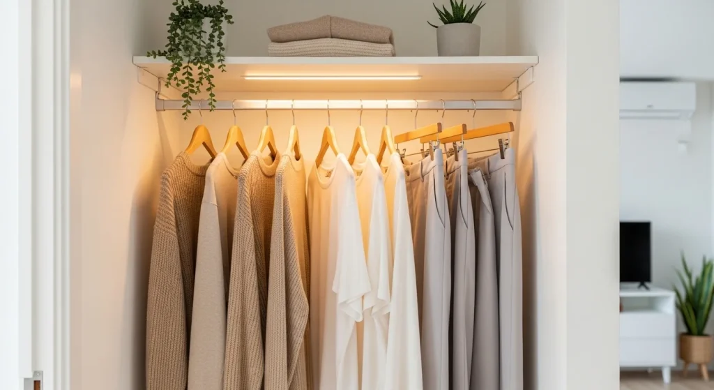neutral small bedroom wardrobe organization
