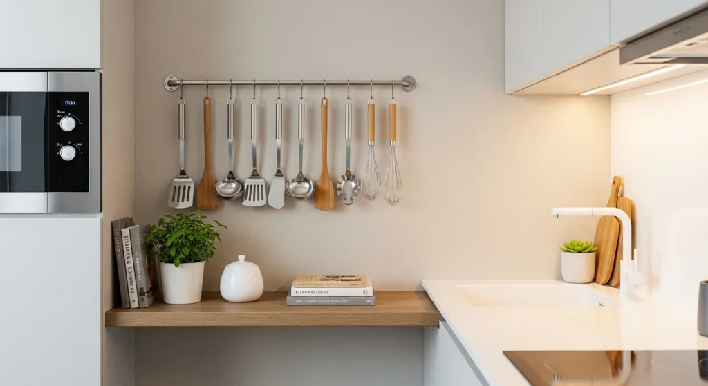 hanging kitchen rail small apartment kitchen storage ideas