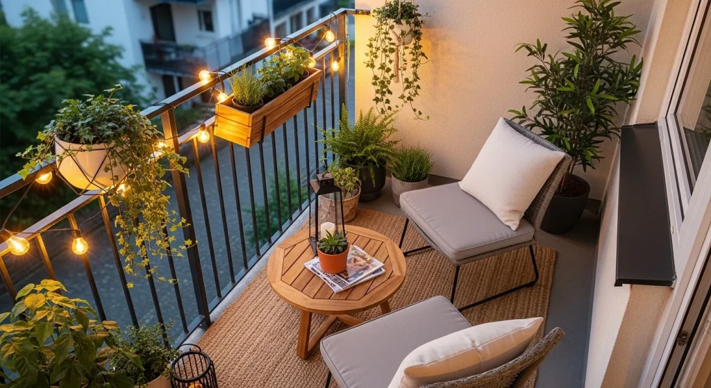 string lights small apartment balcony decor ideas
