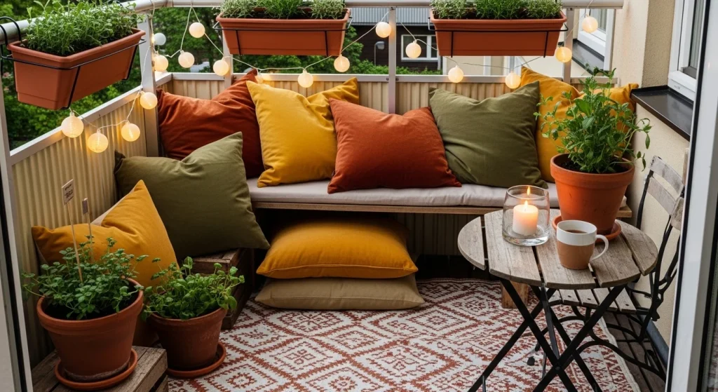 Balcony rug creating cozy seating area